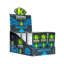 This is a picture of a case of 12 tropix shots in a cardboard black and blue packaging.